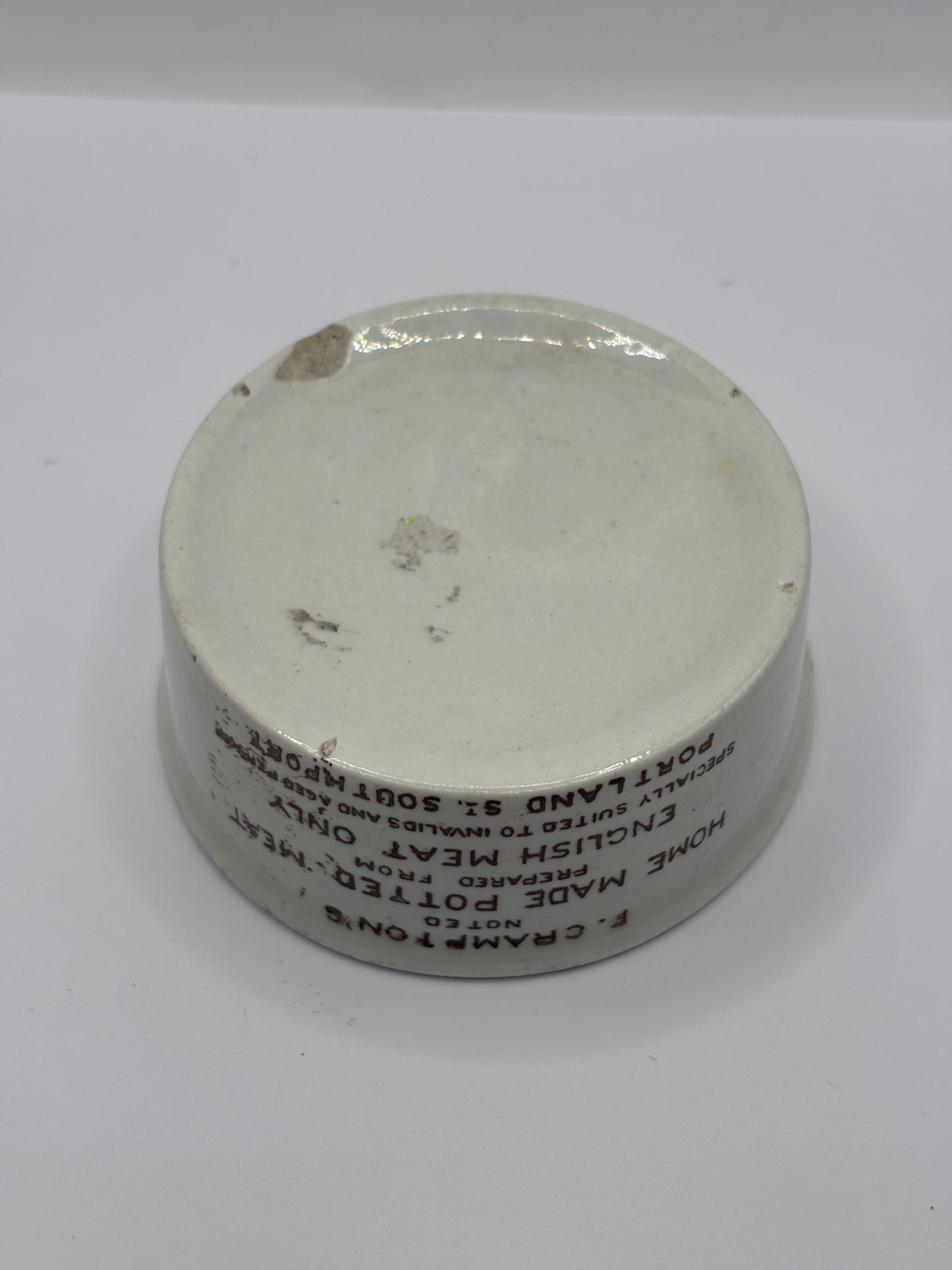 Old brown print cramptons advertising meat paste pot. Home made potted meat