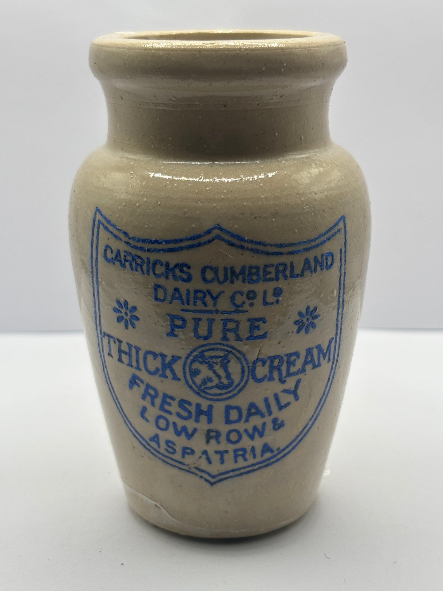 Old blue print advertising stoneware cream pot, Carricks cumberland dairy co, Pure thick cream
