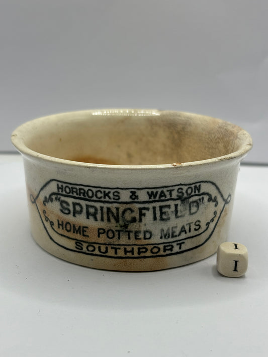 Springfield advertising meat paste pot (i) stained & crazed