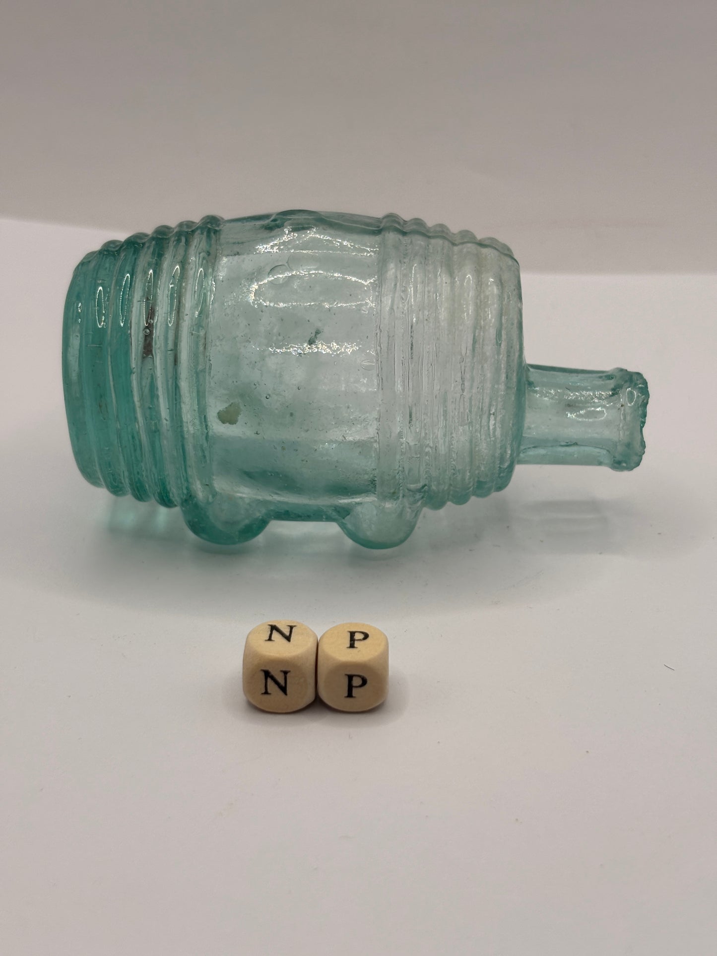 Old aqua glass barrel ink, ink bottle. Inkwell (NP)