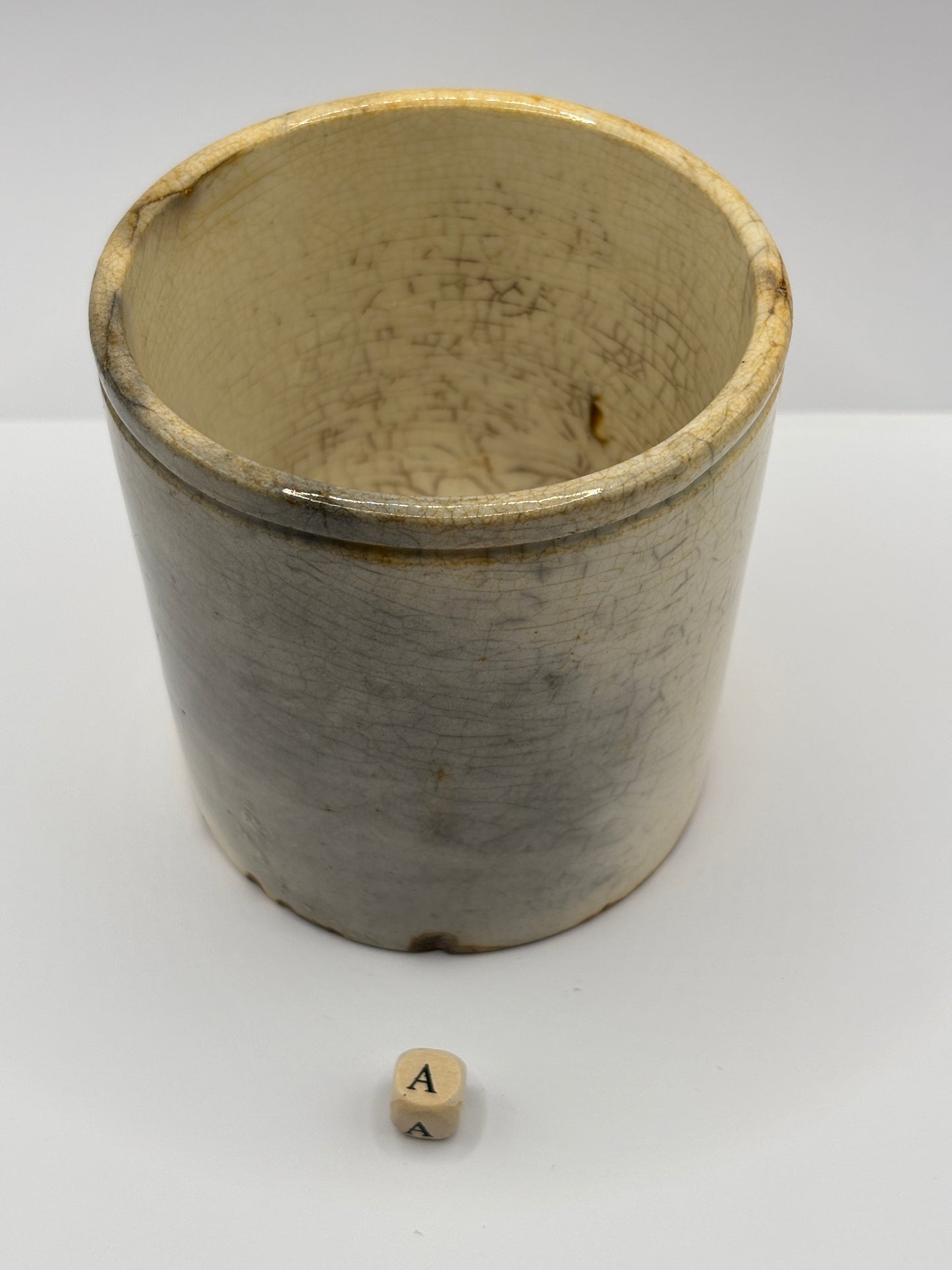 Old stained & crazed marmalade jar (a)