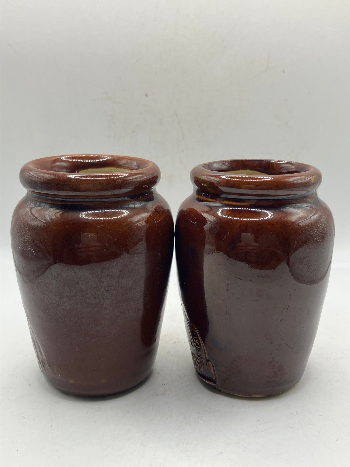 2 brown stoneware cream pots, western countries creameries