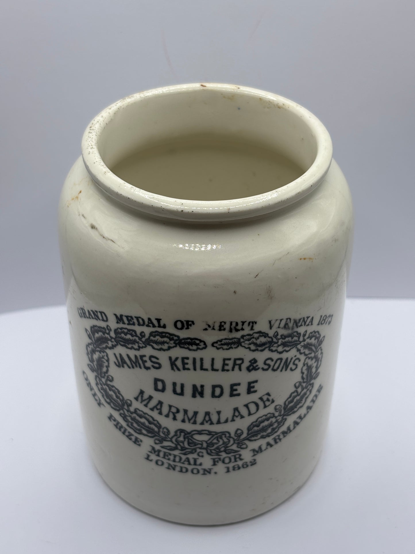 Old 2lb collared top James Keiller Dundee marmalade jar, rolled top