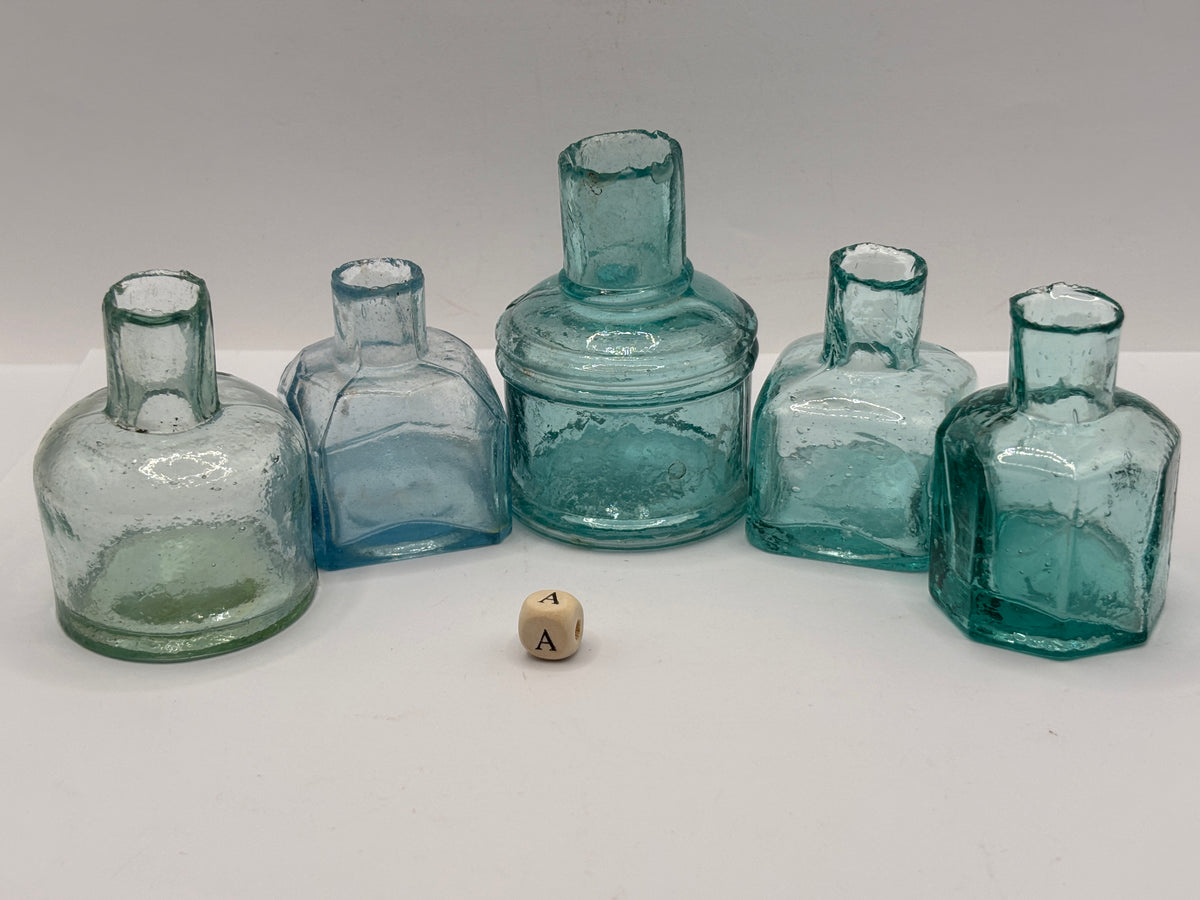 5 old aqua glass inks, inkwells, ink bottles, penny ink (a)