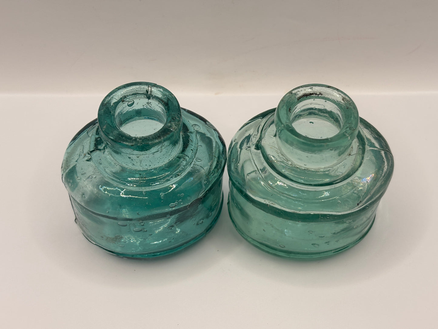 2 old aqua glass ink bottles, inkwells