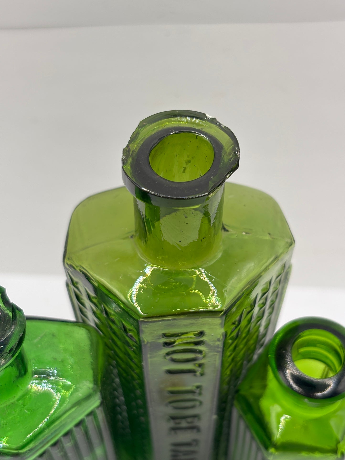 3 old green glass poison bottles, chipped (F)