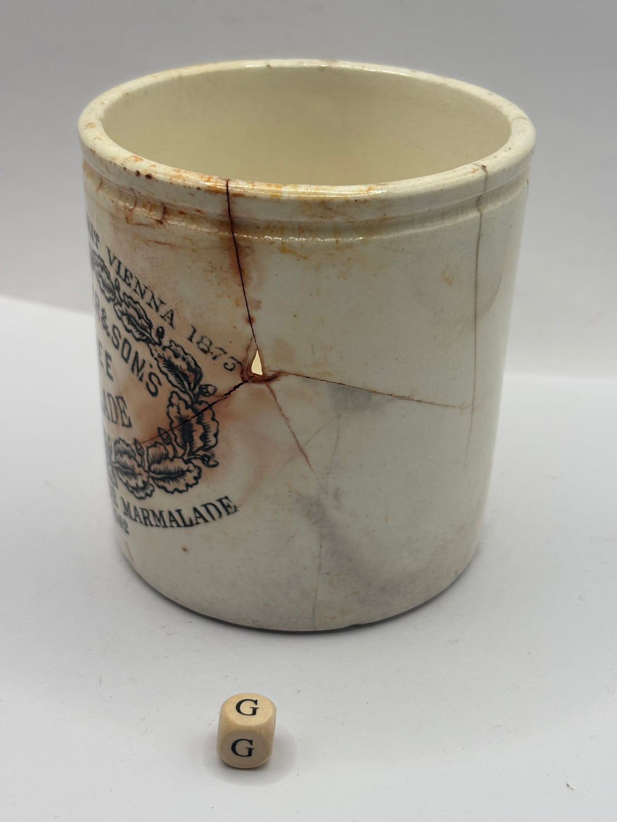 Old 1lb stoneware marmalade pot, James Keiller Dundee marmalade (G) damaged