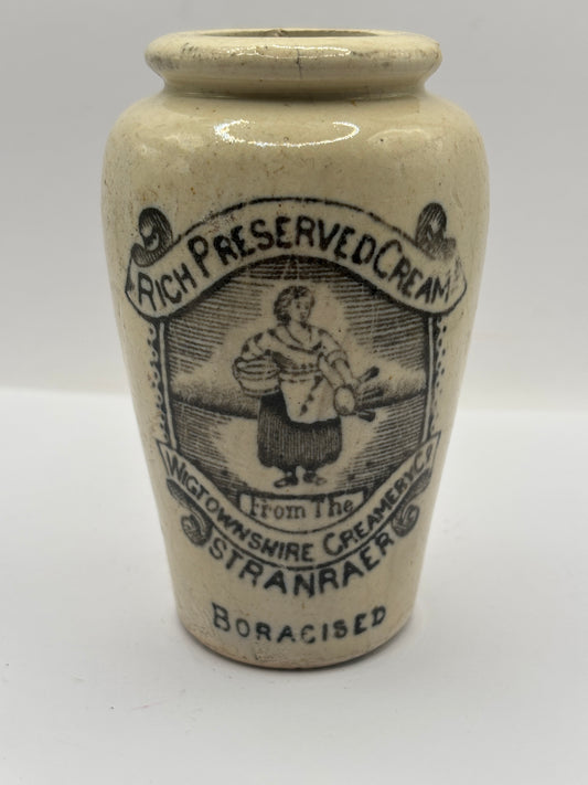 Old advertising cream pot, rich preserved cream stranraer, milkmaid. Damaged