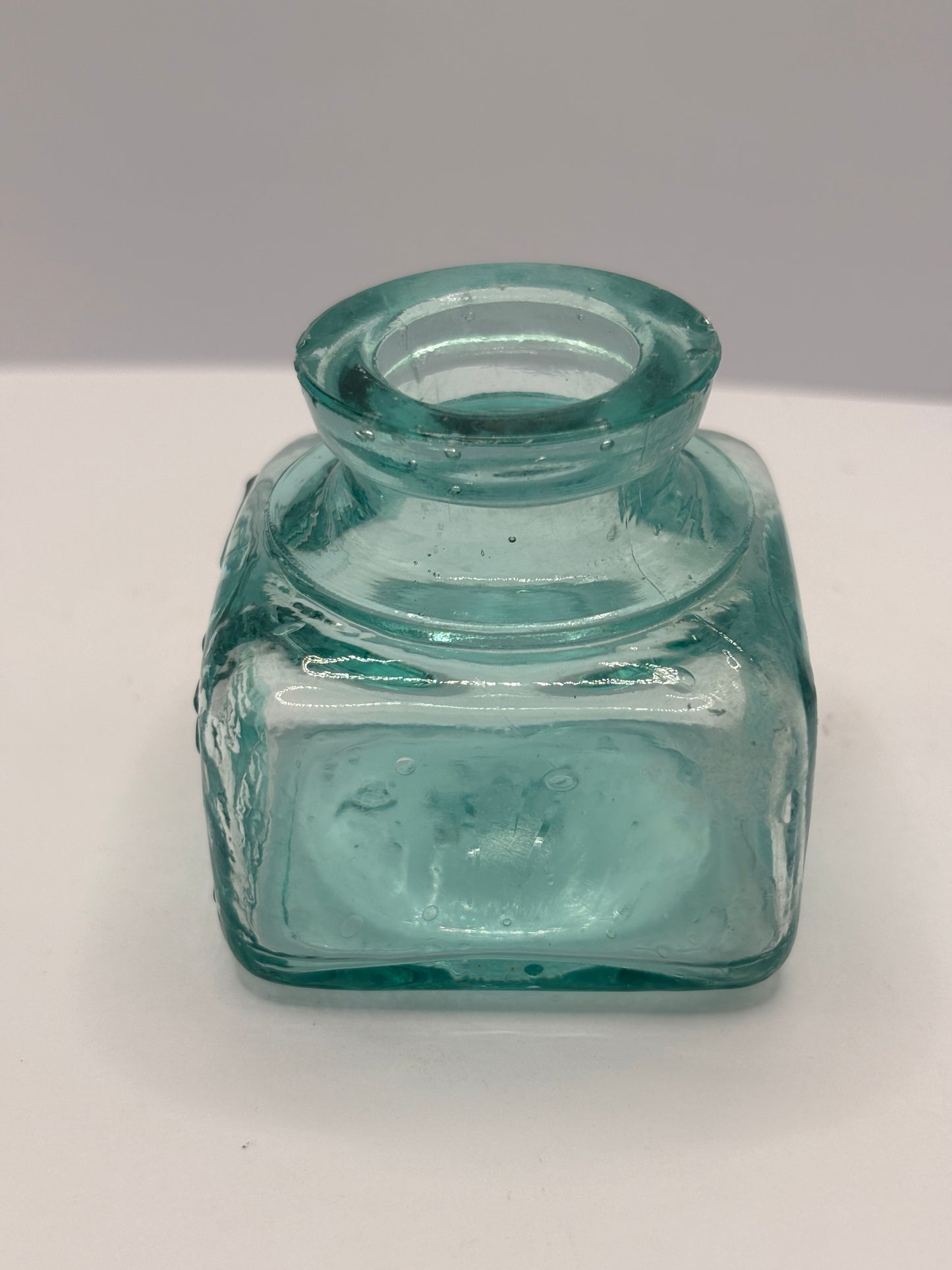 Old aqua glass ink bottle, inkwell. fields ink & gum