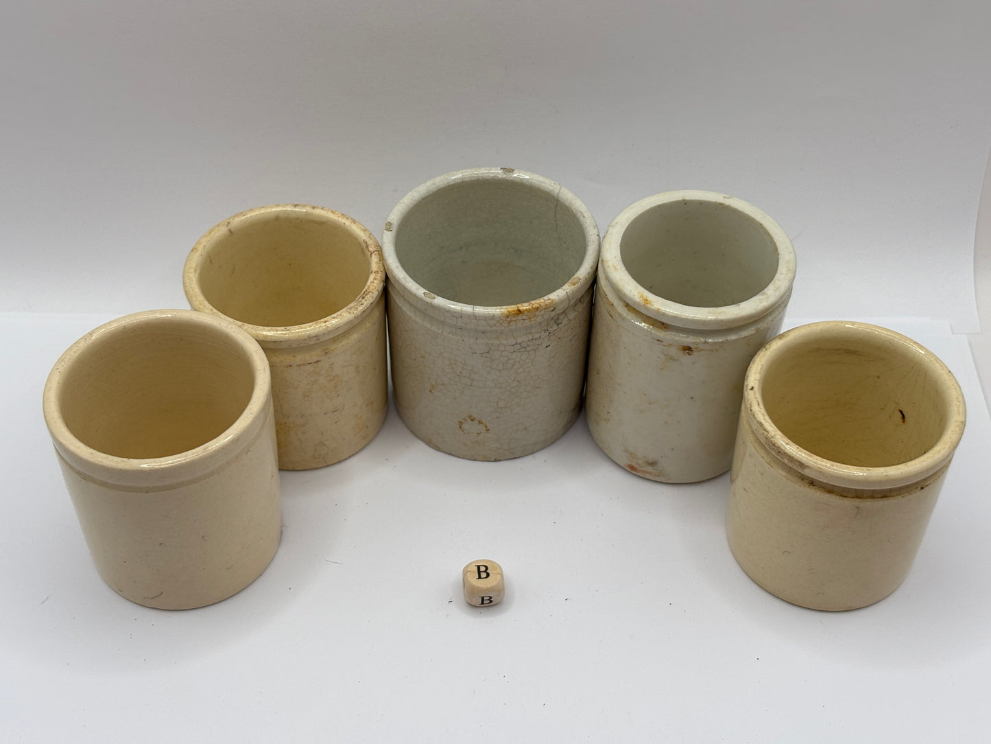 5 old small stoneware jars & pots (B)