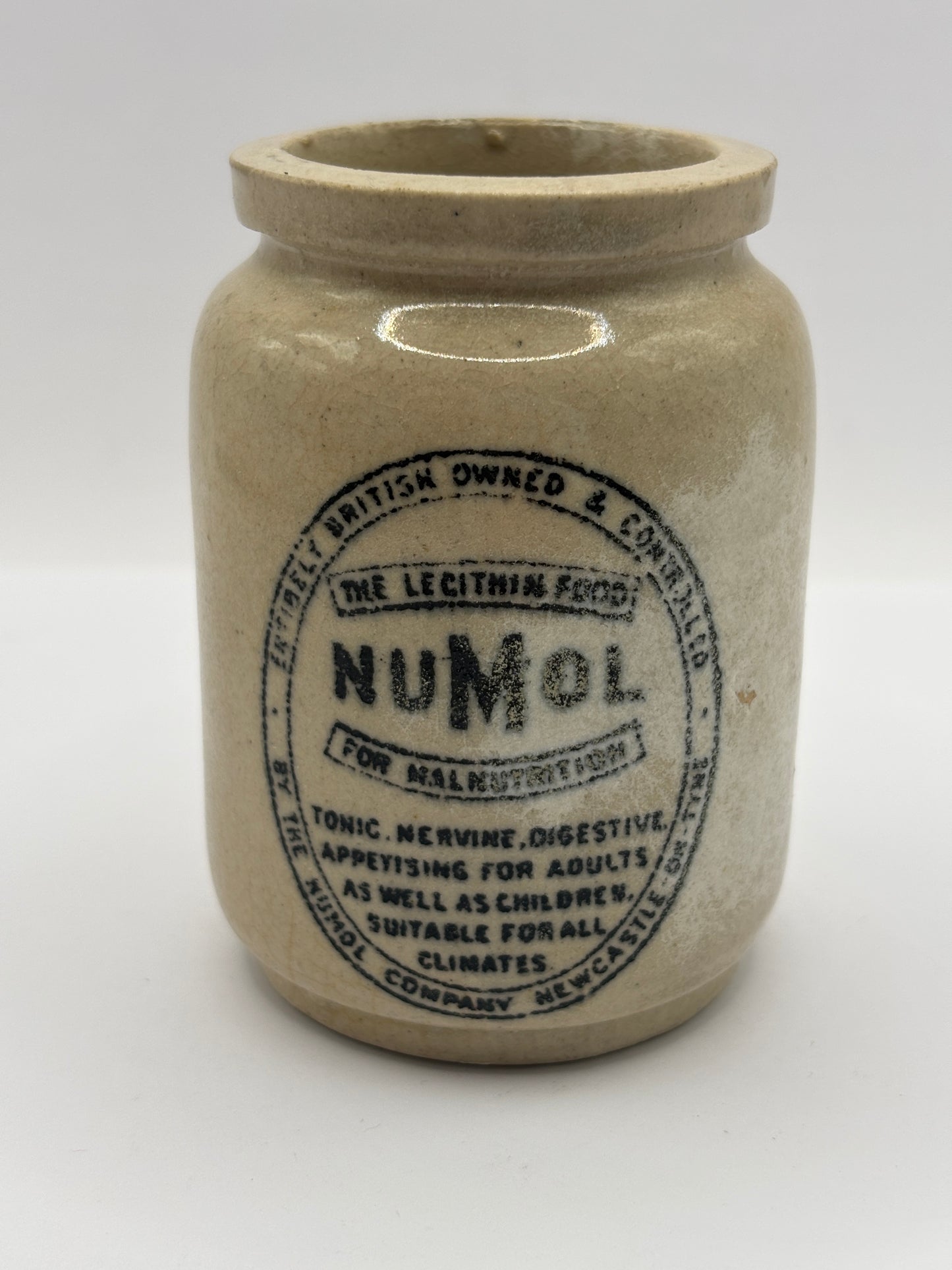Old mini stoneware advertising Numol jar. The lecithin food for malnutrition 8cms
