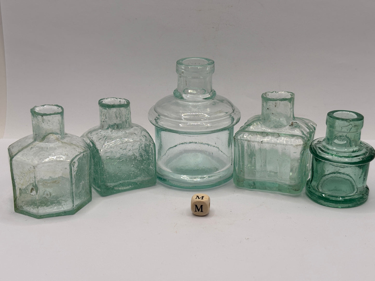5 old aqua glass inks, inkwells, ink bottles, penny ink (m)