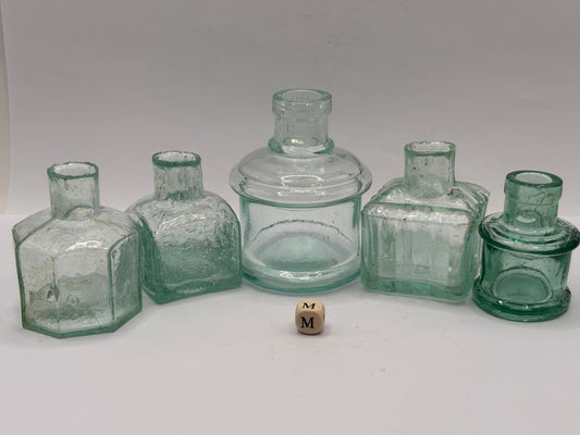 5 old aqua glass inks, inkwells, ink bottles, penny ink (m)