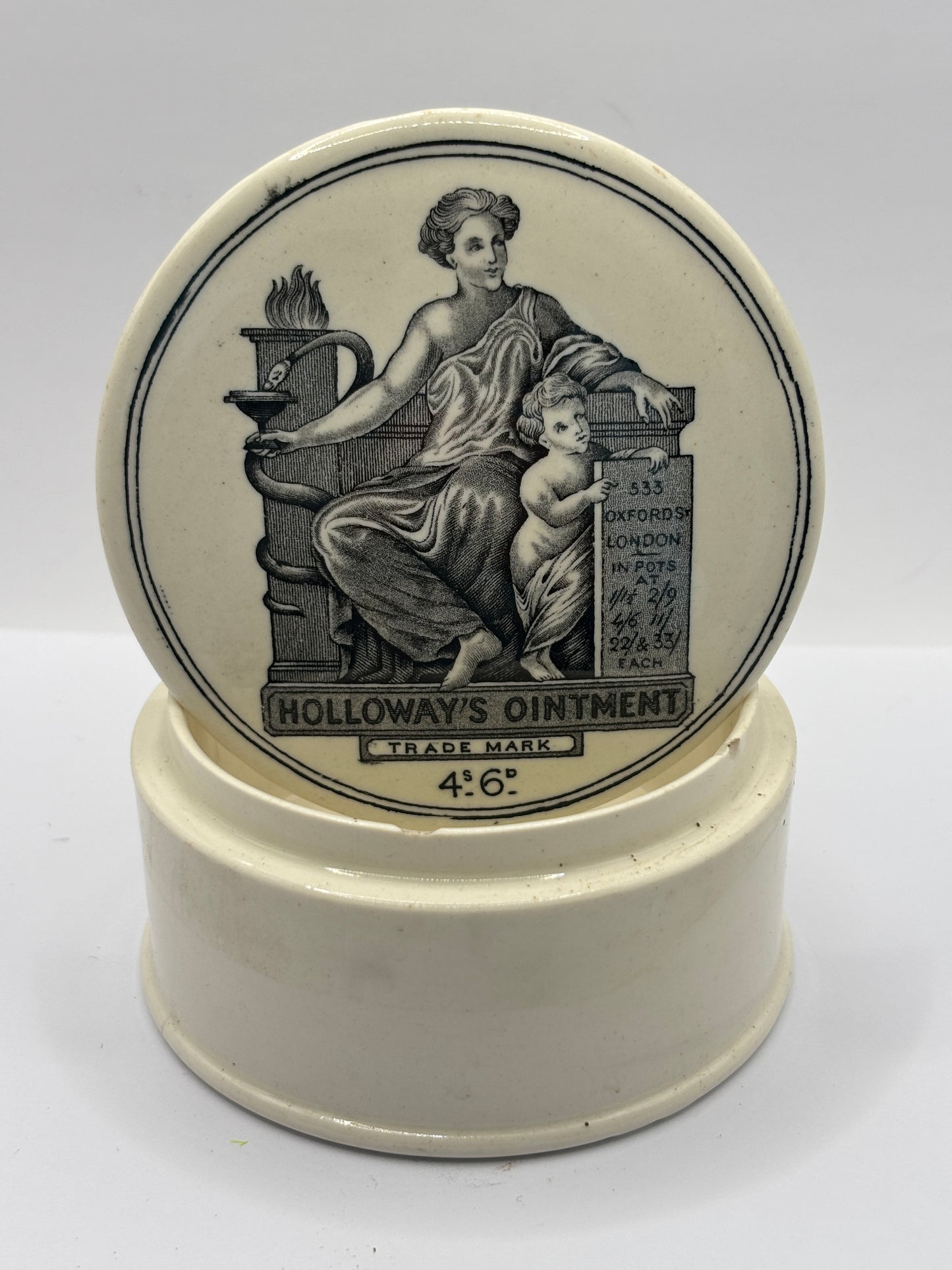 Old advertising lid and base, Holloways ointment