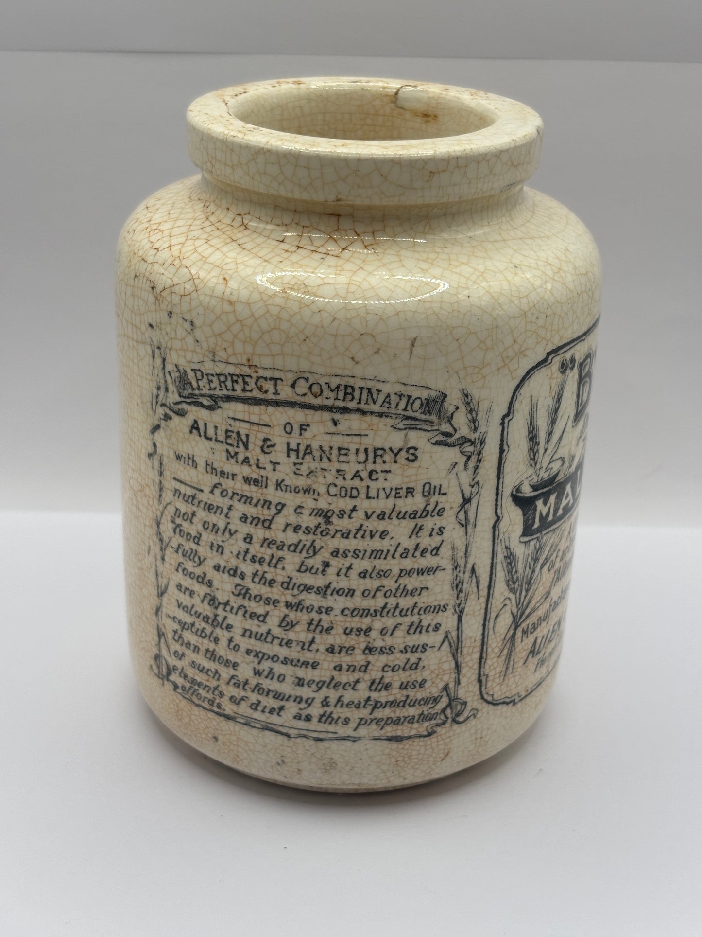 Old advertising jar, Bynol the perfected malt & oil