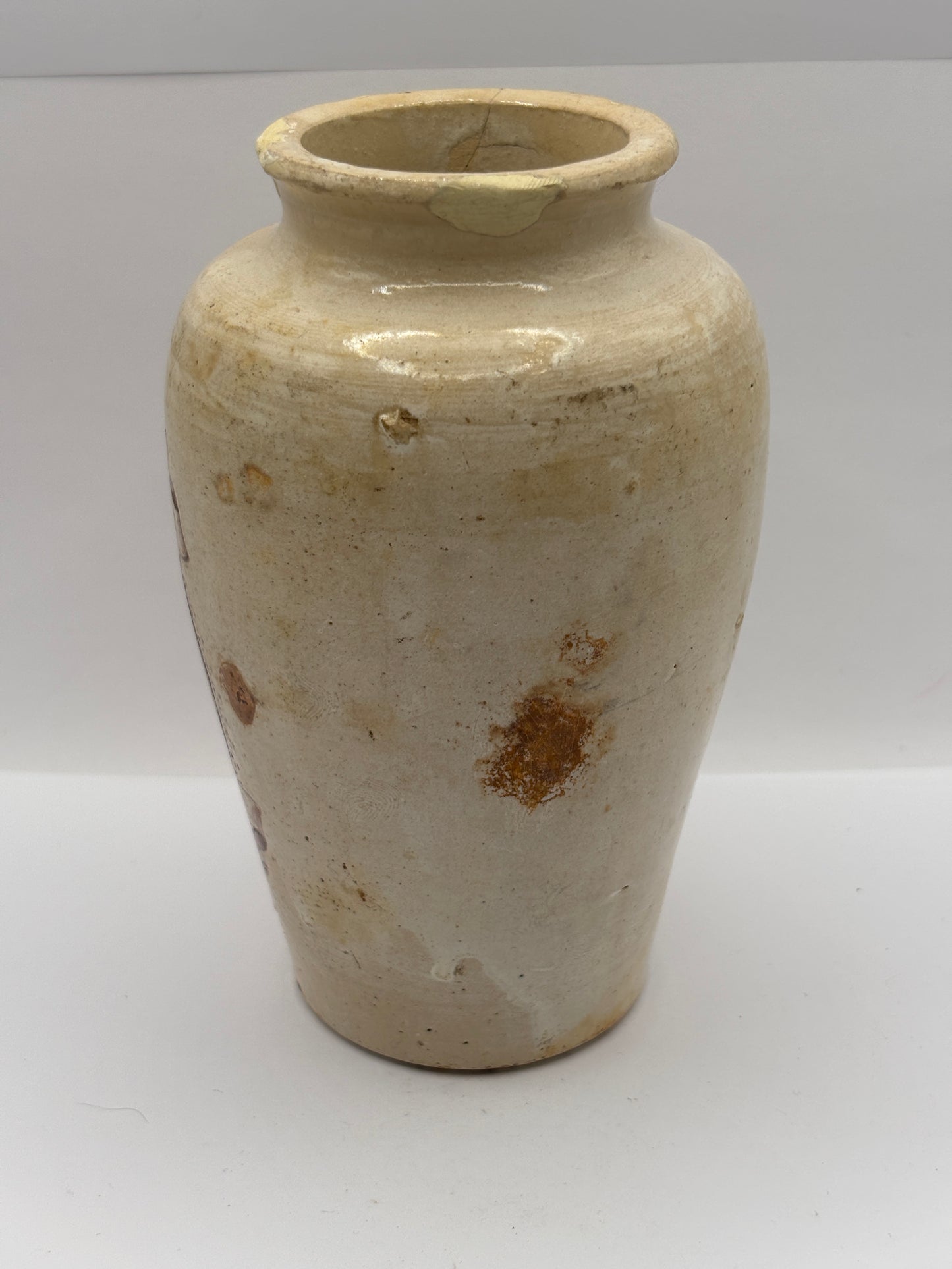 Old tall serpia print stoneware advertising cream pot, pure fresh cream Stranraer. Repaired & Damaged