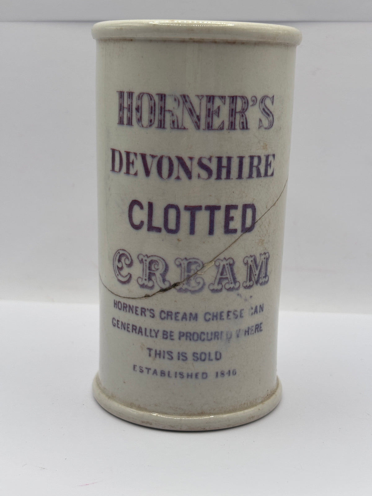 Old rare purple print advertising clotted cream Jar, Horners devonshire clotted cream. Repaired (badly)
