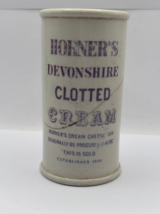Old rare purple print advertising clotted cream Jar, Horners devonshire clotted cream. Repaired (badly)