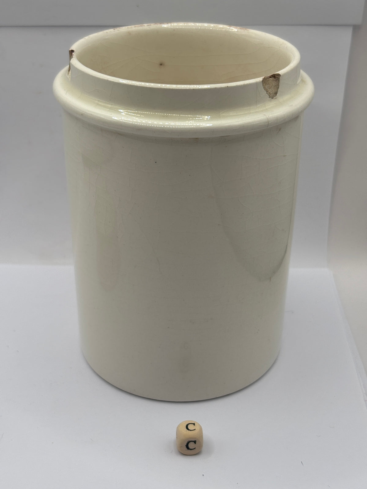Old large plain white stoneware apothecary jar (c) chippy & stained