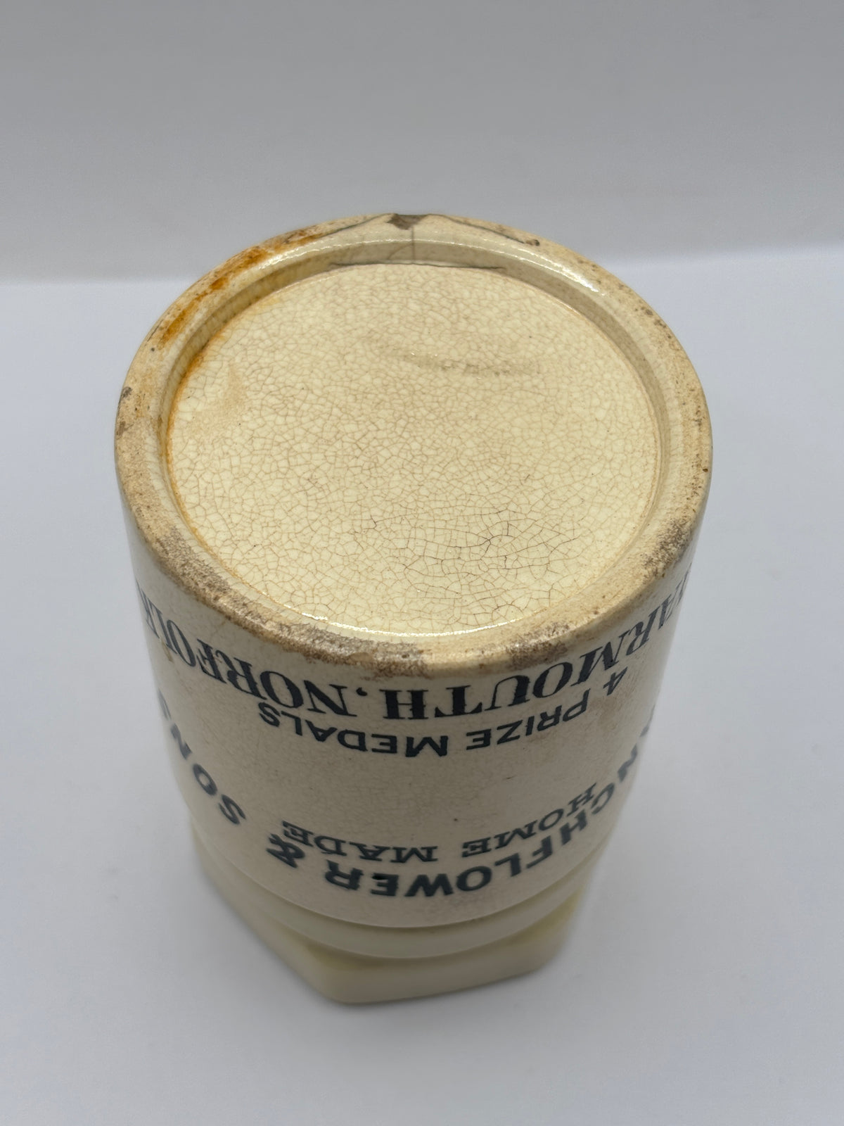 Old stoneware advertising jar, Blanchflower home made potted meat jar