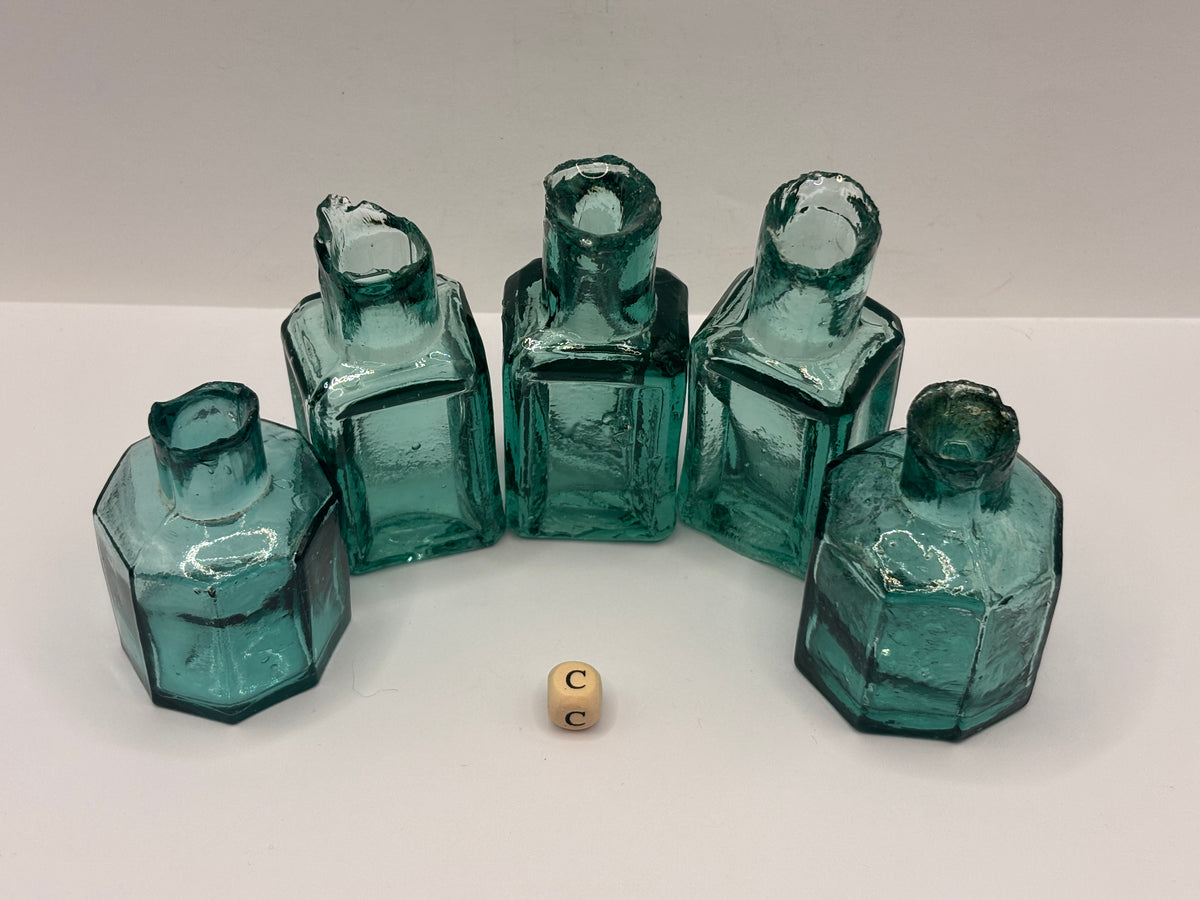 5 old dark aqua glass inks, inkwells, ink bottles, penny ink (c)