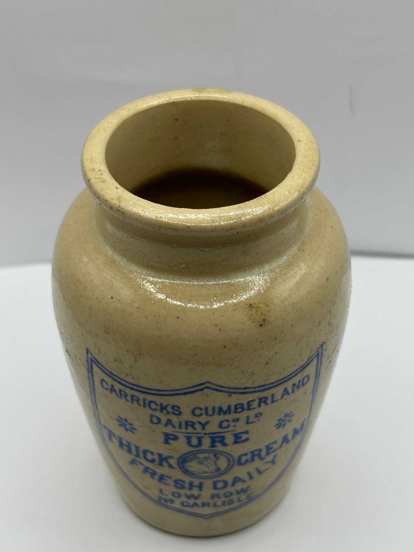 Carricks advertising cream pot, pure thick cream. Blue print