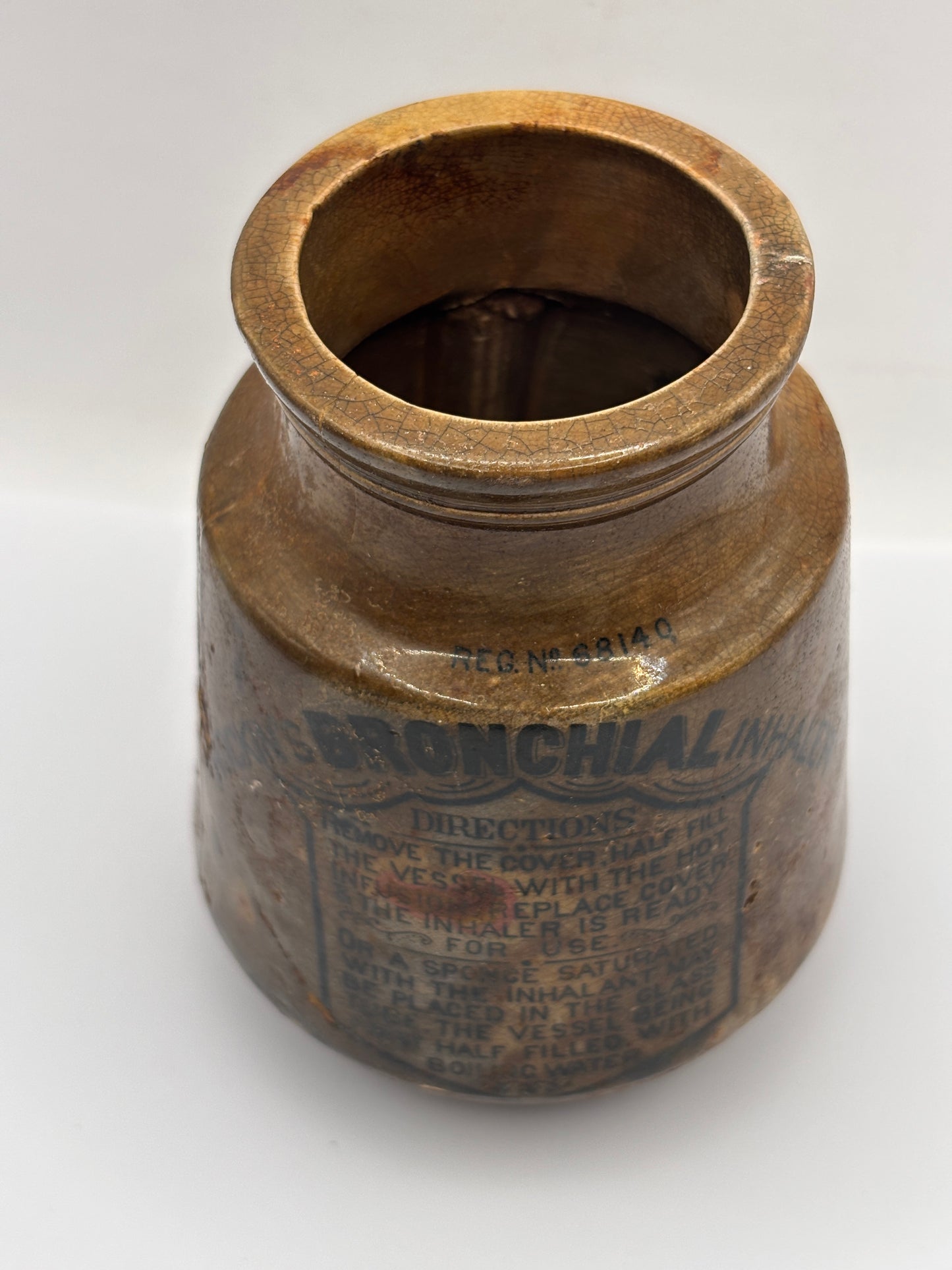 Old stoneware advertising inhaler, Hockins Bronchial inhaler