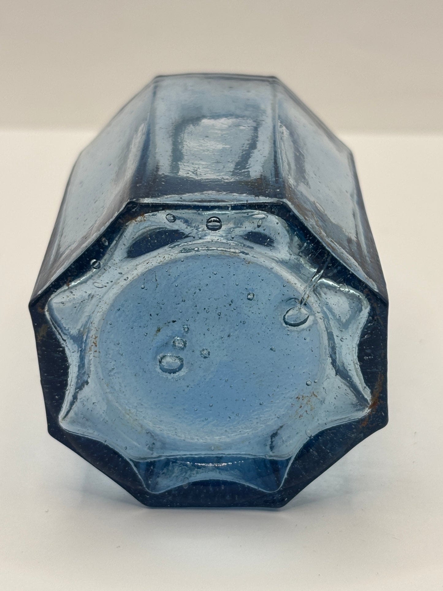 Old large blue glass inkwell, ink bottle, penny ink