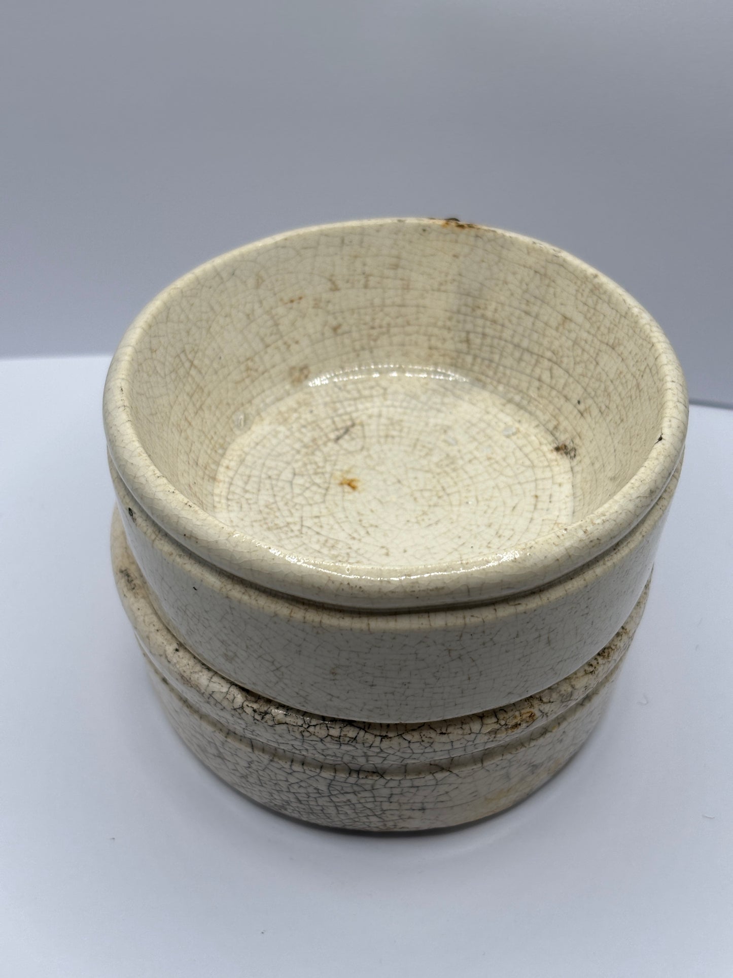 2 old stained & crazed meat paste pots