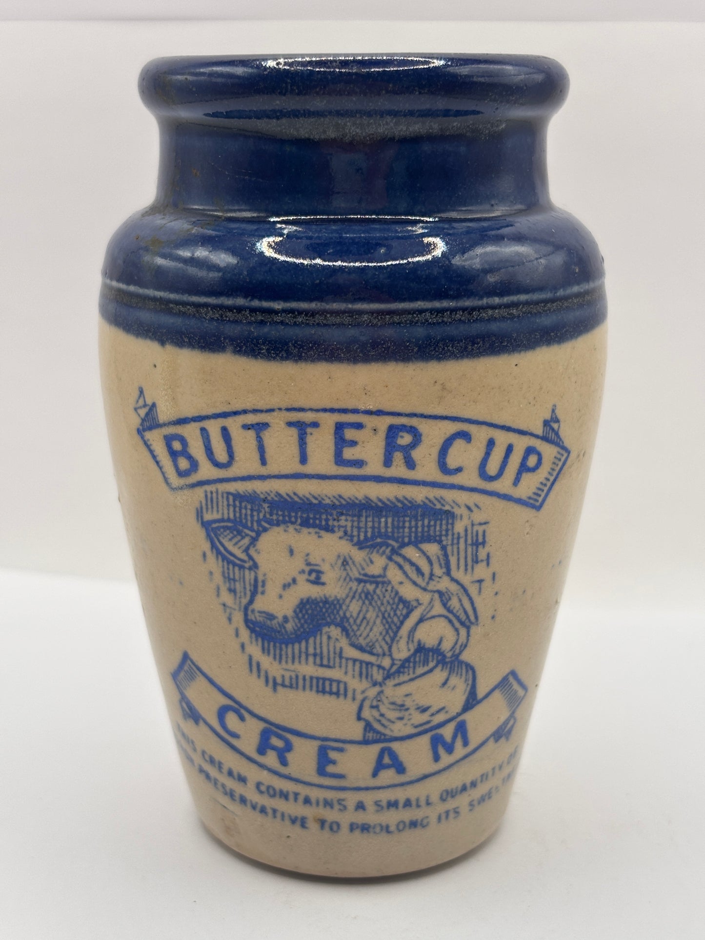 Old blue top advertising cream pot, Buttercup cream, 11.5cms