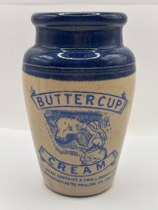 Old blue top advertising cream pot, Buttercup cream, 11.5cms