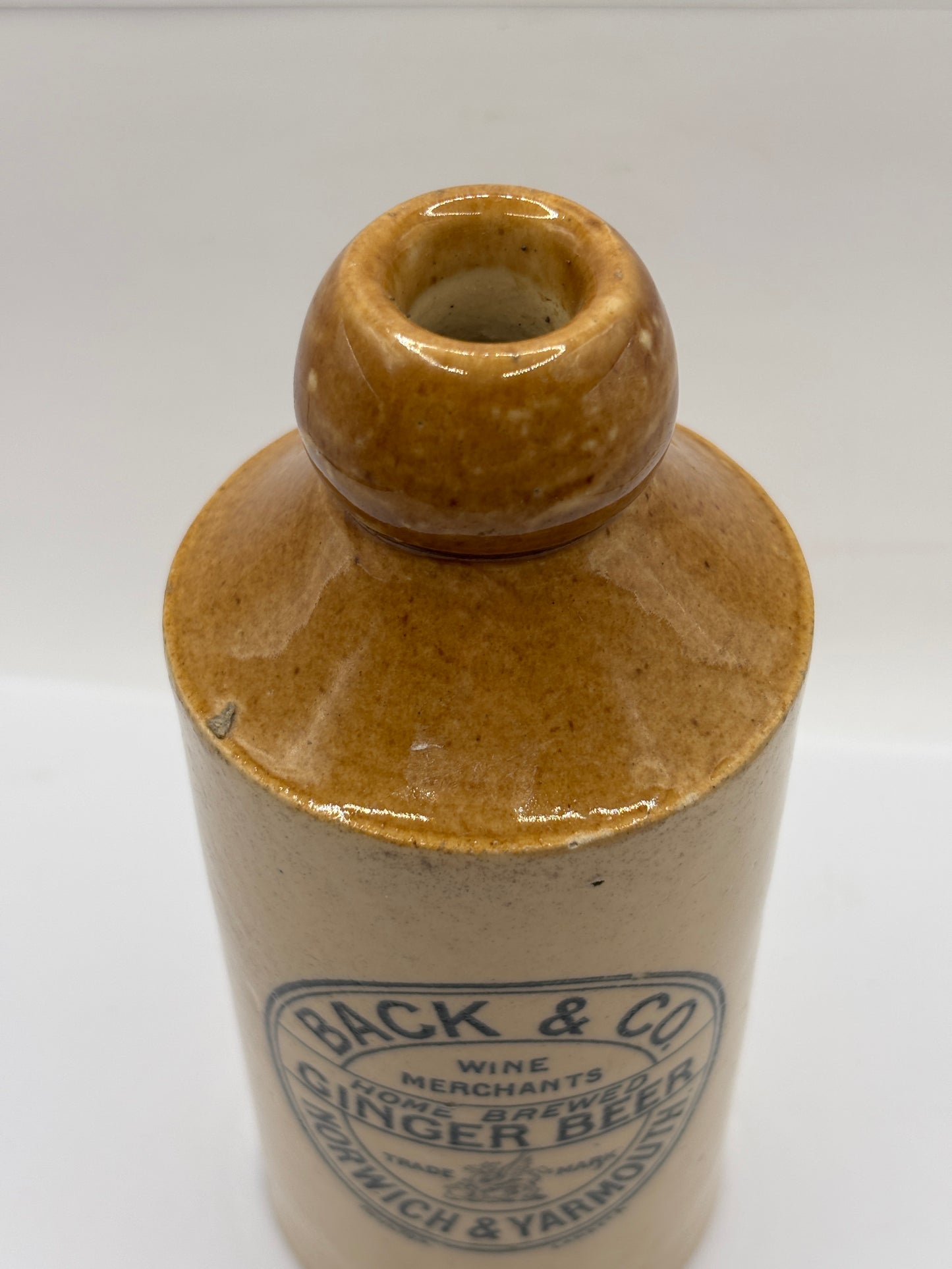 Old stoneware ginger beer bottle, Back & Co, Home brewed ginger beer, Norwich & Yarmouth