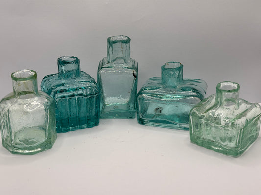 5 old aqua glass inkwells, ink bottles