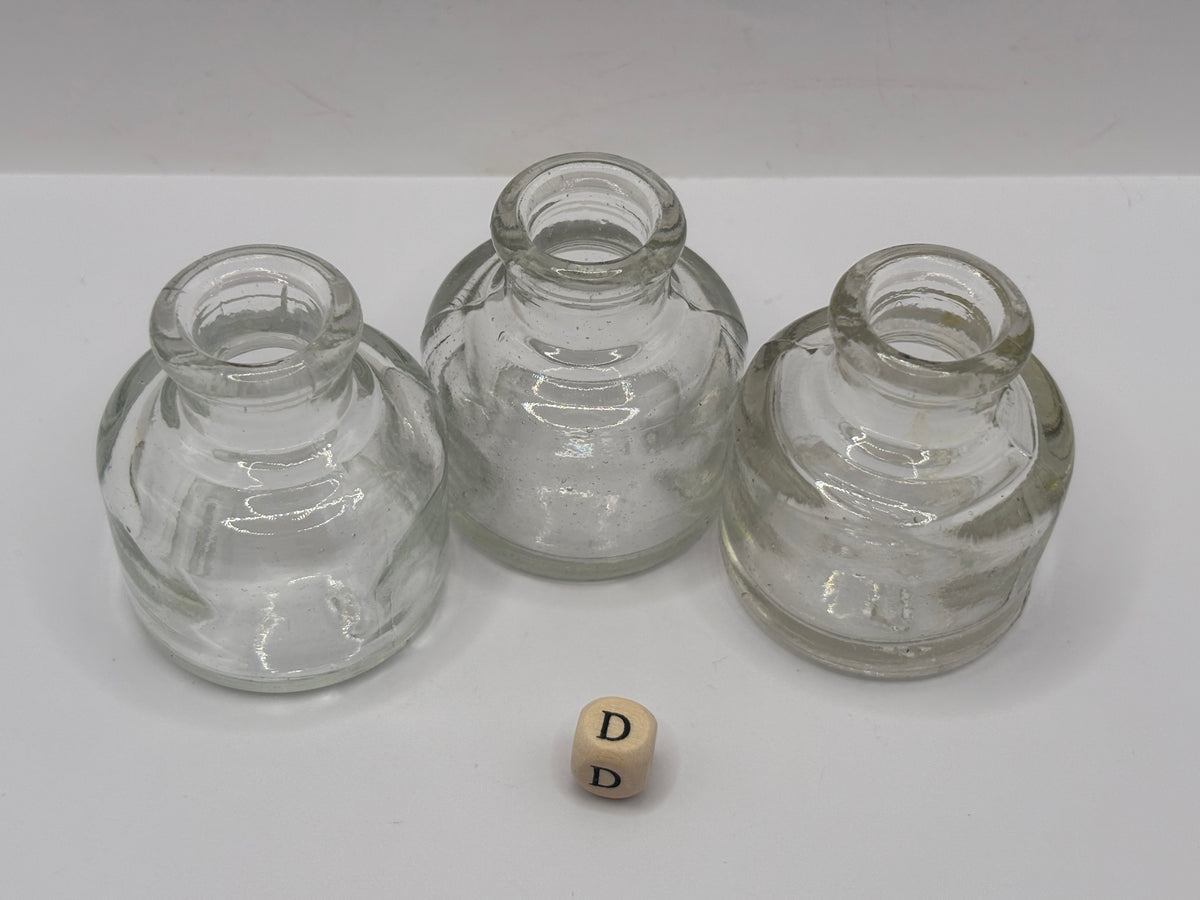 3 old clear glass inkwells, ink bottles (D)