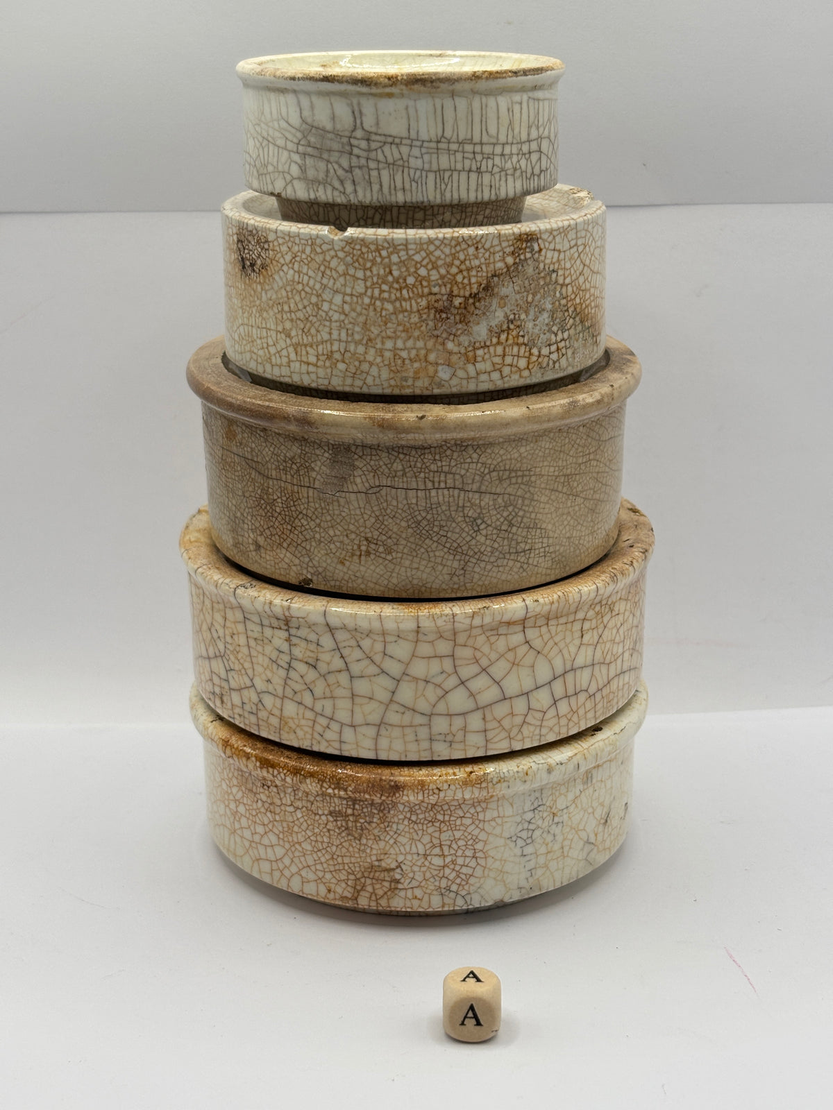 5 old stoneware pot lid bases, stackers (a)
