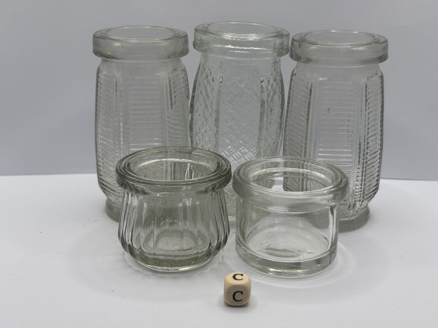 5 old clear glass meat paste jars (C)