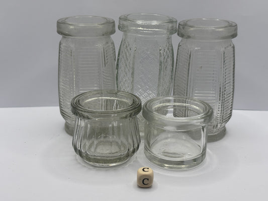 5 old clear glass meat paste jars (C)