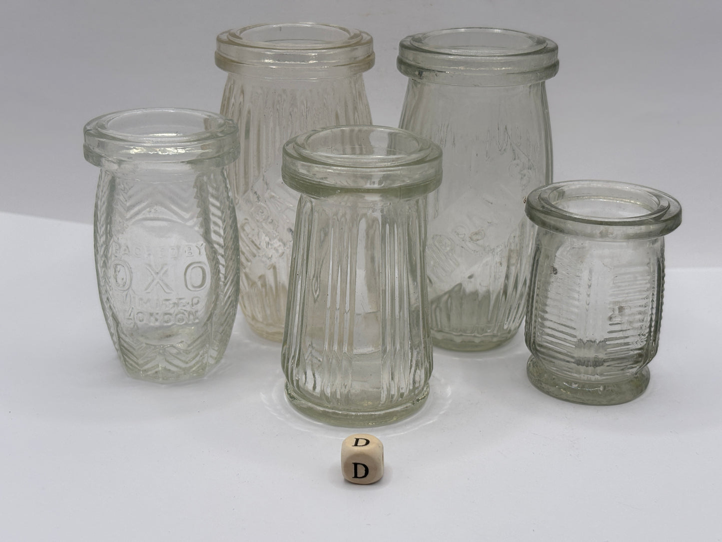 5 old clear glass meat paste jars (D)