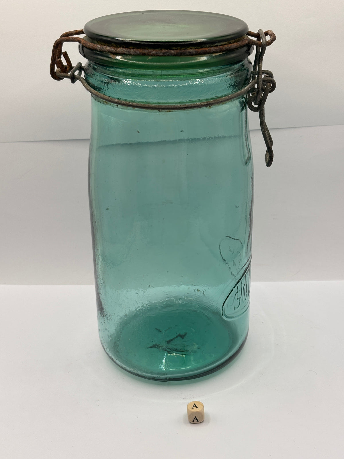 Old French green glass canning jar, Solidex (a)