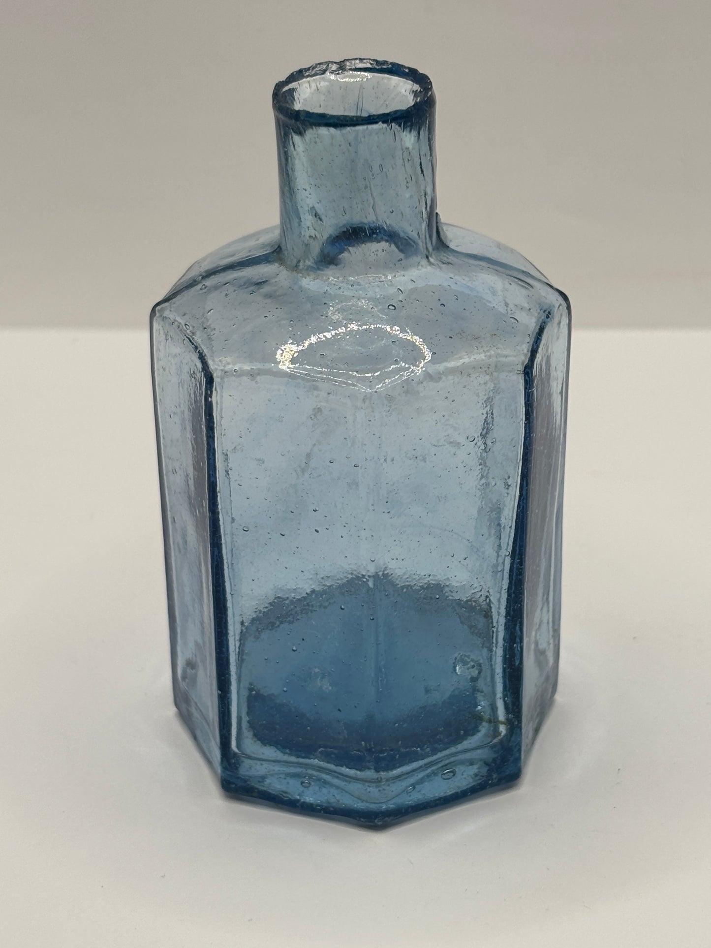 Old large blue glass inkwell, ink bottle, penny ink
