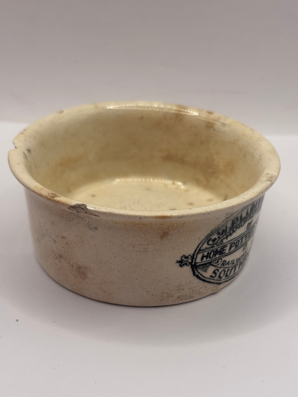 Old advertising meat paste pot, Plumtree home potted meats. Chipped
