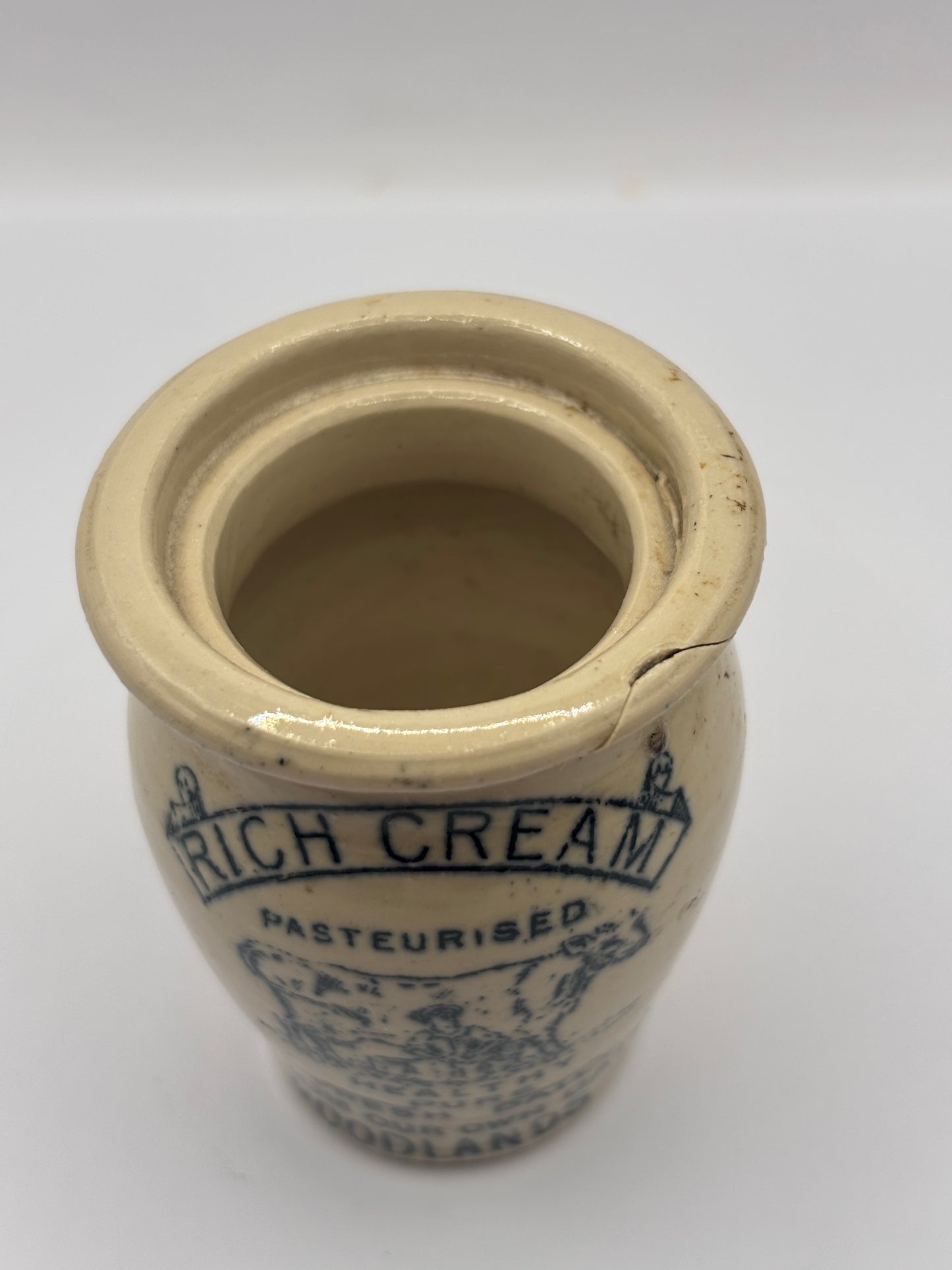Old advertising cream pot, Woodlands rich cream, healthy pure fresh