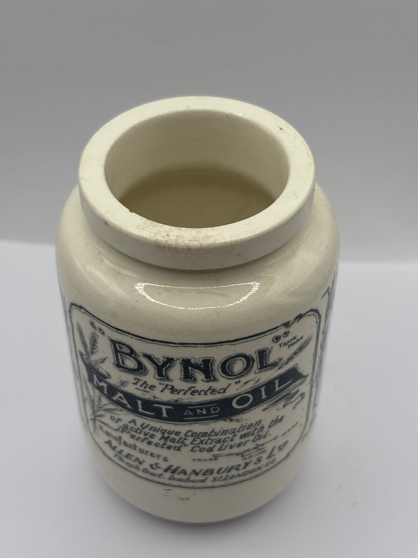 Old advertising jar, Bynol the perfected malt & oil
