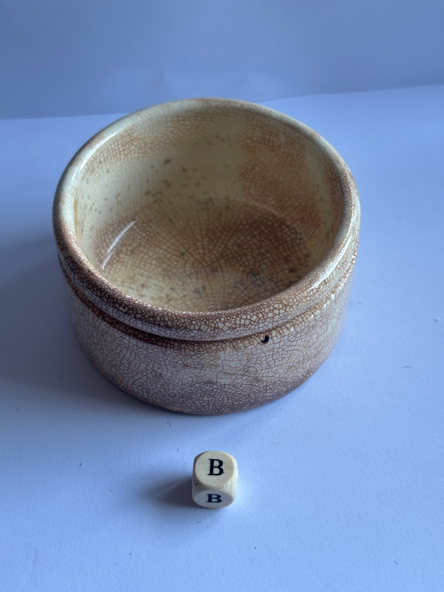 Old stained & crazed stoneware paste pot, Needhams polishing paste (B)