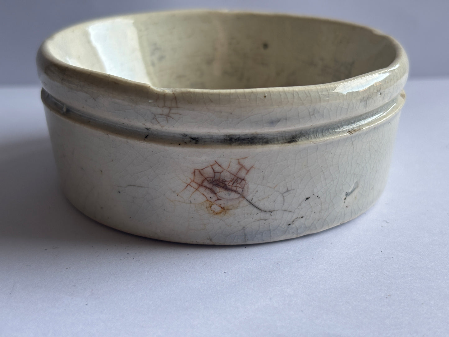 Old stained & crazed stoneware meat paste pot