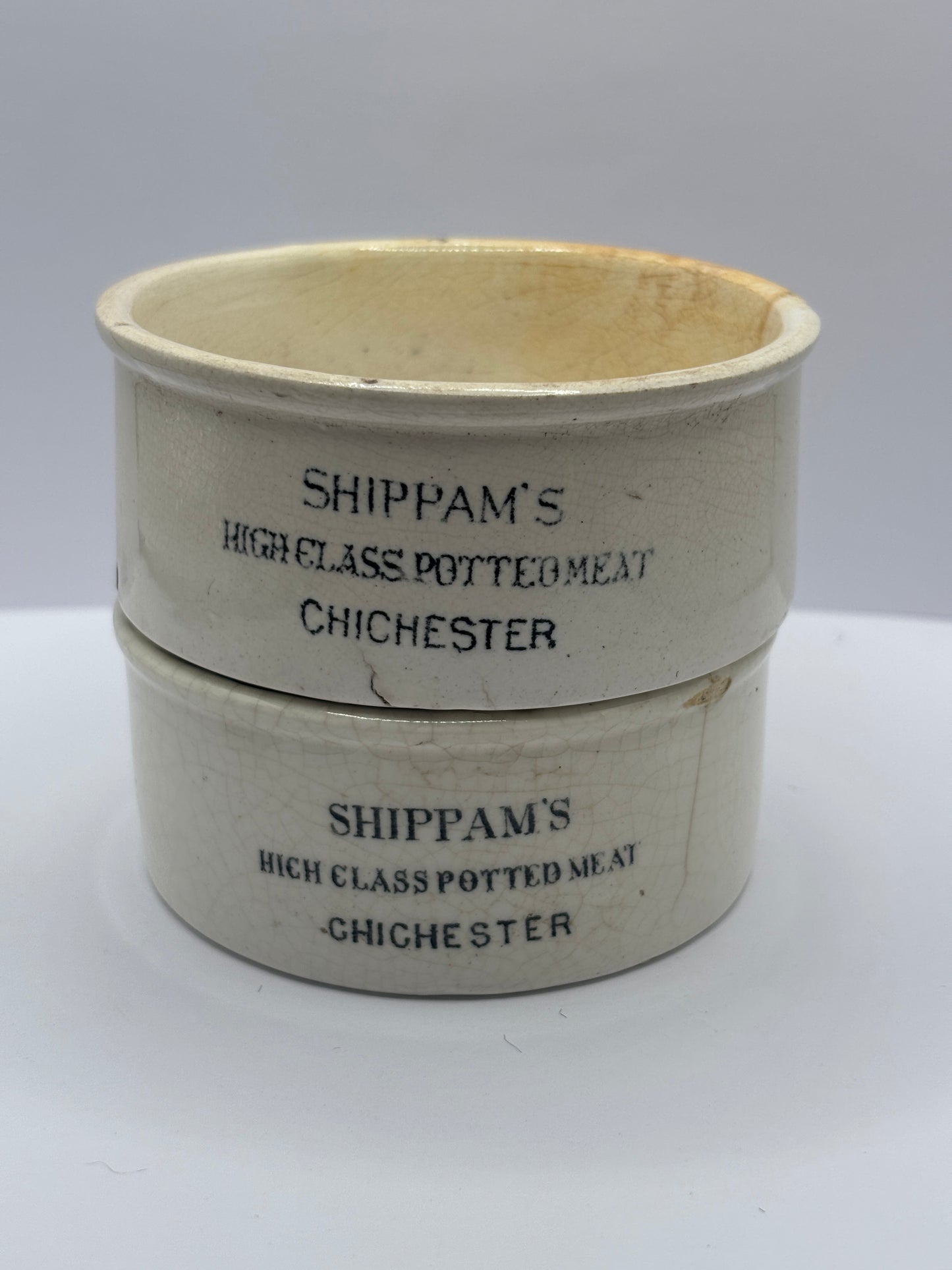 2 old advertising meat paste pots, Shippams