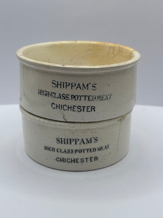2 old advertising meat paste pots, Shippams