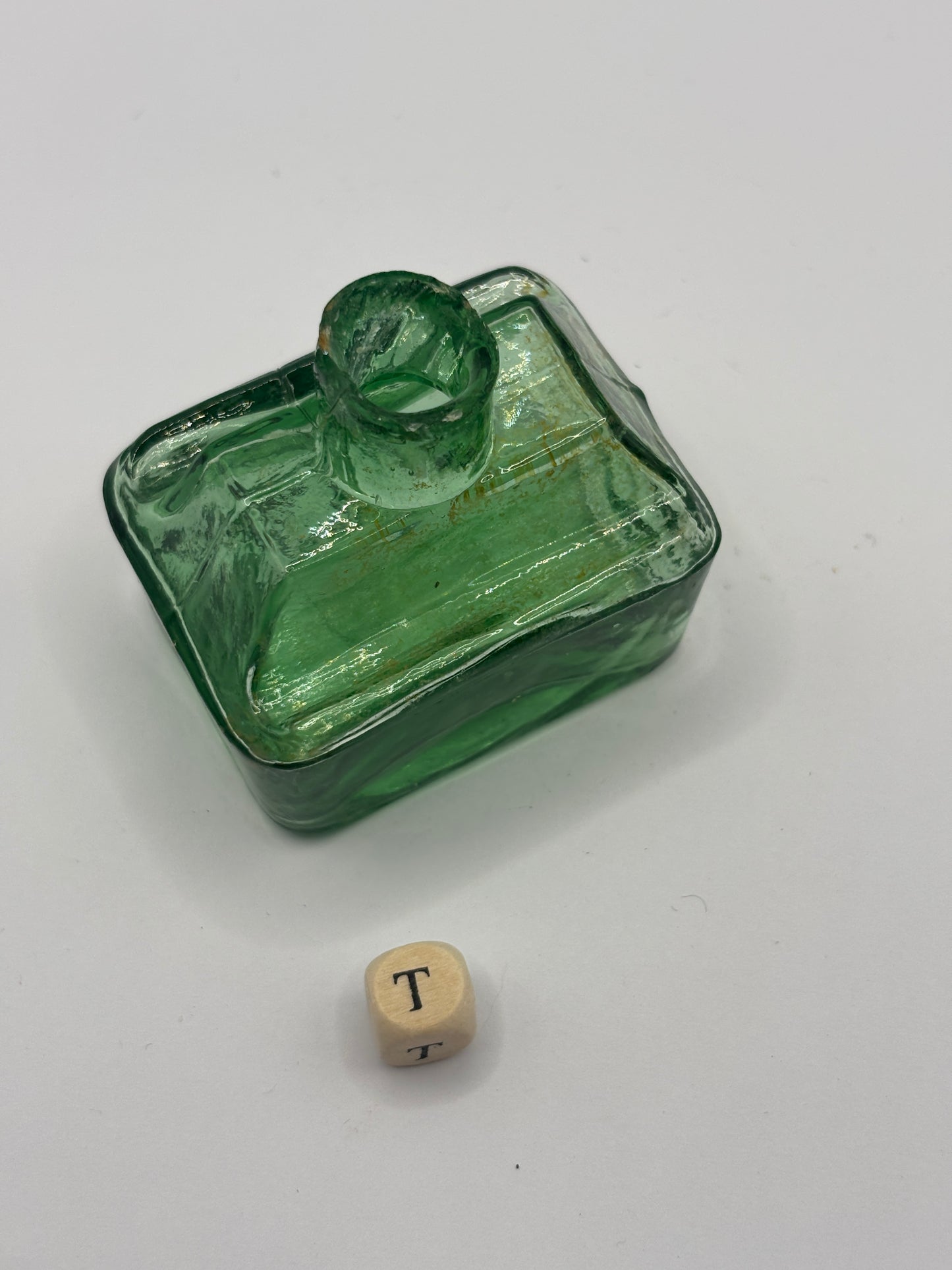 Old green glass boat ink, inkwell (T)