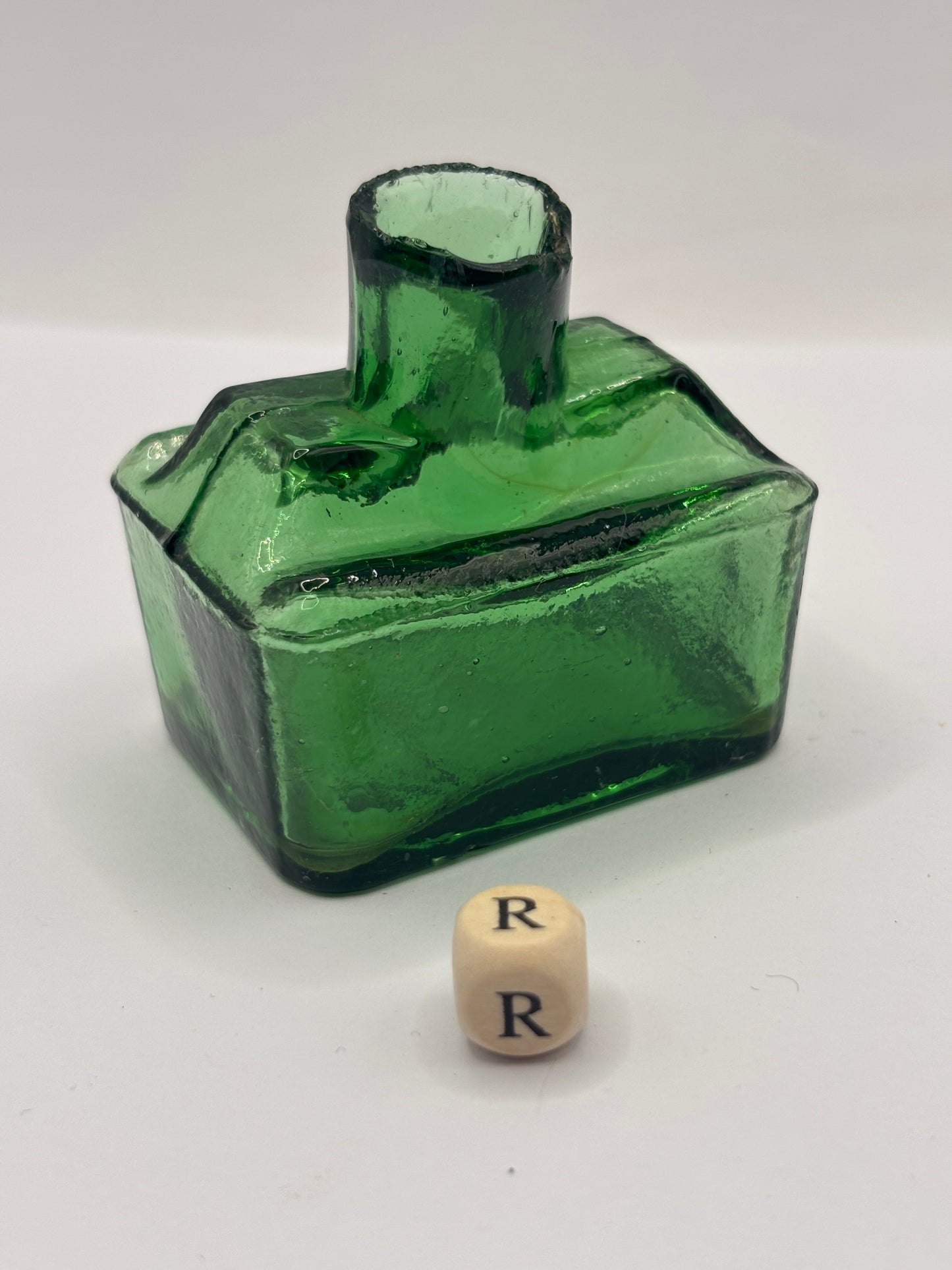 Old green glass boat ink, inkwell (R)