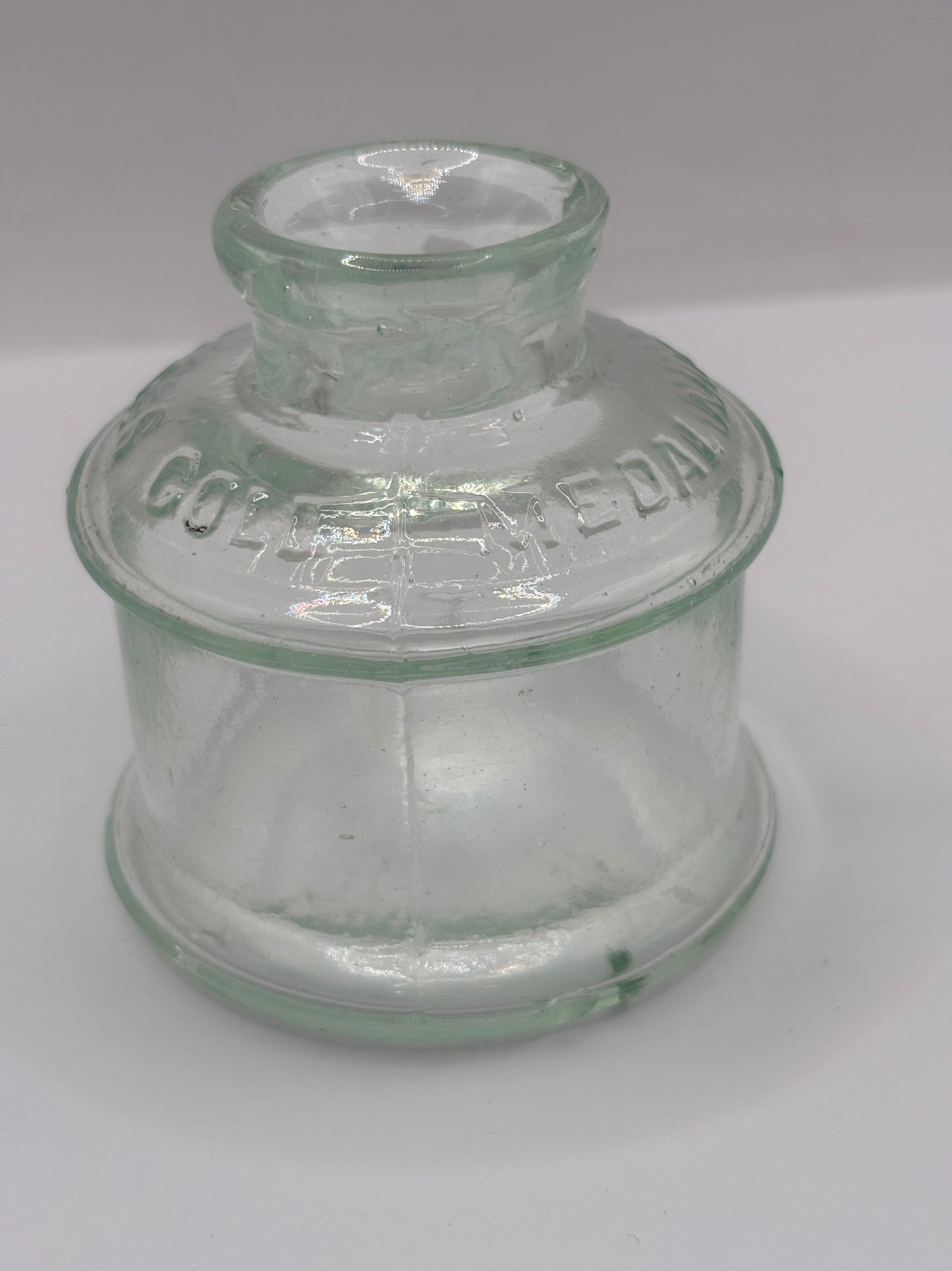 old advertising glass ink,ink bottle, mugilage le pages French?? Damaged